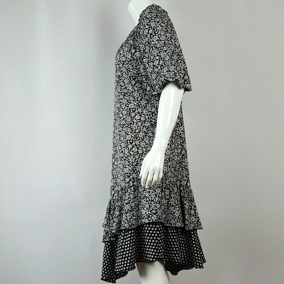 Vintage 80s Naturally Petite Hawaiian Black Floral Midi Dress - Picture 2 of 8